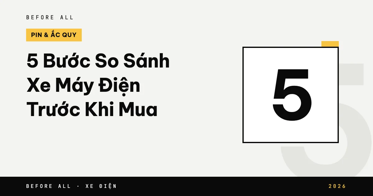 Ảnh bìa bài "5 Bước So Sánh Xe Máy Điện Trước Khi Mua" của Before All: biểu tượng và từ khóa chủ đề, năm 2026