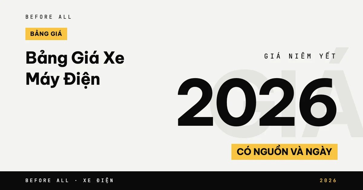 Ảnh bìa bài "Bảng Giá Xe Máy Điện" của Before All: chữ số giá lớn, năm 2026