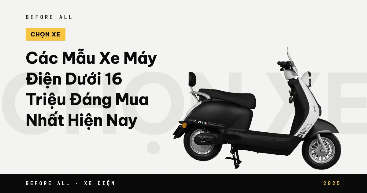 Ảnh bìa bài "Các Mẫu Xe Máy Điện Dưới 16 Triệu Đáng Cân Nhắc Hiện Nay" của Before All: mẫu xe cắt nền trên chữ lớn, năm 2025