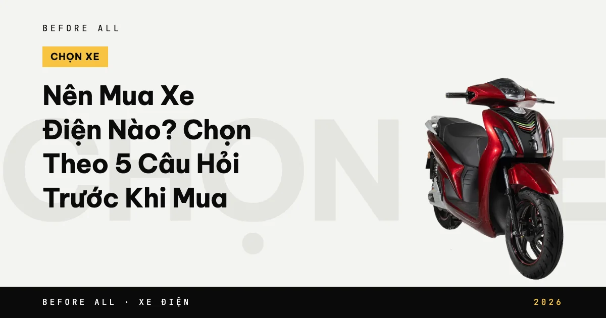 Ảnh bìa bài "Nên Mua Xe Điện Nào? Chọn Theo 5 Câu Hỏi Trước Khi Mua" của Before All: mẫu xe cắt nền trên chữ lớn, năm 2026