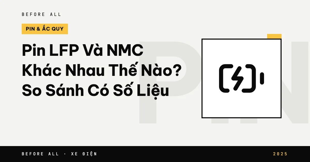 Ảnh bìa bài "Pin LFP Và NMC Khác Nhau Thế Nào? So Sánh Có Số Liệu" của Before All: biểu tượng và từ khóa chủ đề, năm 2025