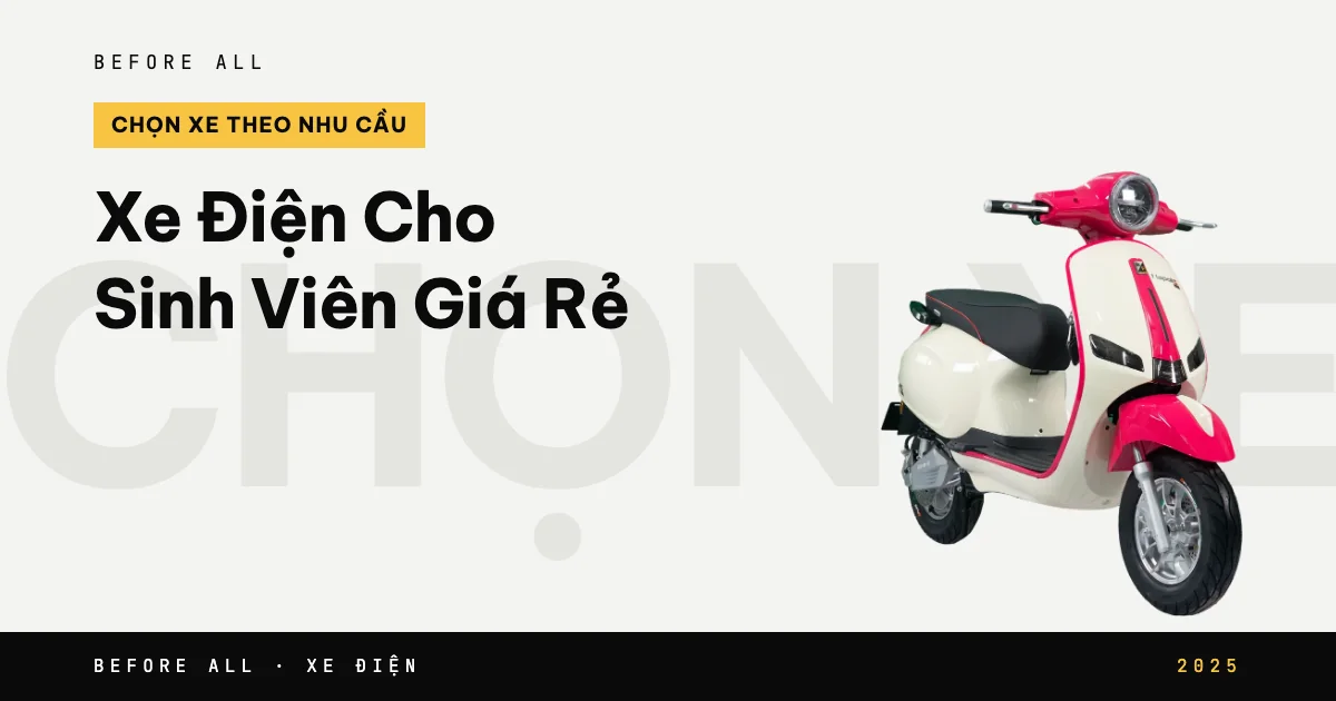 Ảnh bìa bài "Xe Điện Cho Sinh Viên Giá Rẻ" của Before All: mẫu xe cắt nền trên chữ lớn, năm 2025