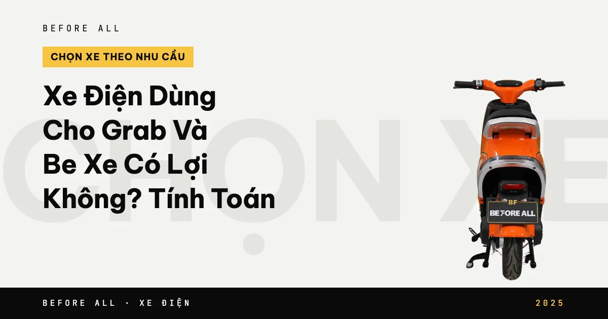Ảnh bìa bài "Xe Điện Dùng Cho Grab Và Be Xe Có Lợi Không? Tính Toán" của Before All: mẫu xe cắt nền trên chữ lớn, năm 2025