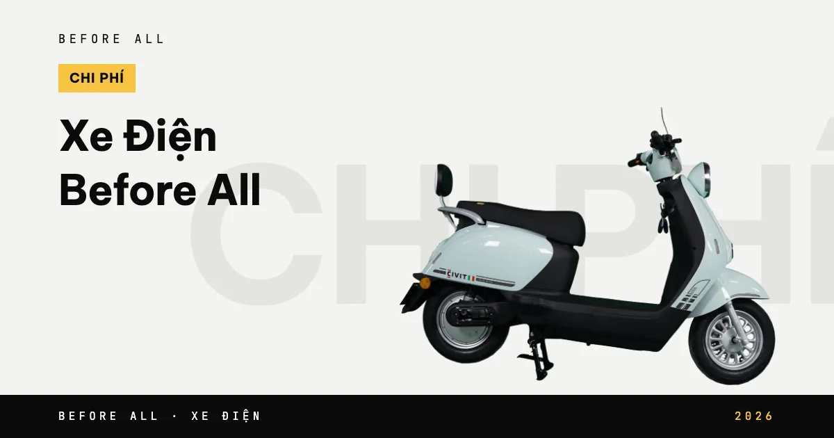 Ảnh bìa bài "Xe Điện Before All" của Before All: mẫu xe cắt nền trên chữ lớn, năm 2026