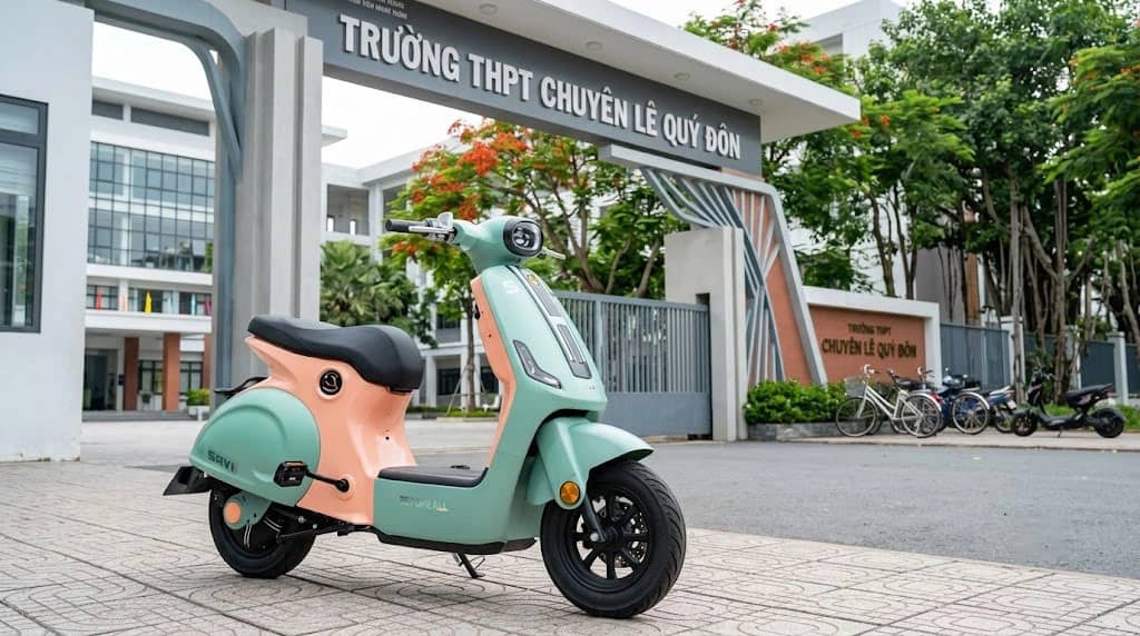Xe điện Before All Savi màu xanh mint phối cam đỗ trước cổng trường THPT